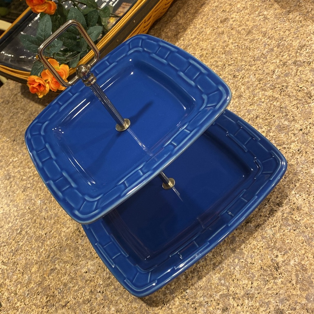Longaberger Two Tier Dessert Serving Tray Woven Traditions Cornflower Pottery